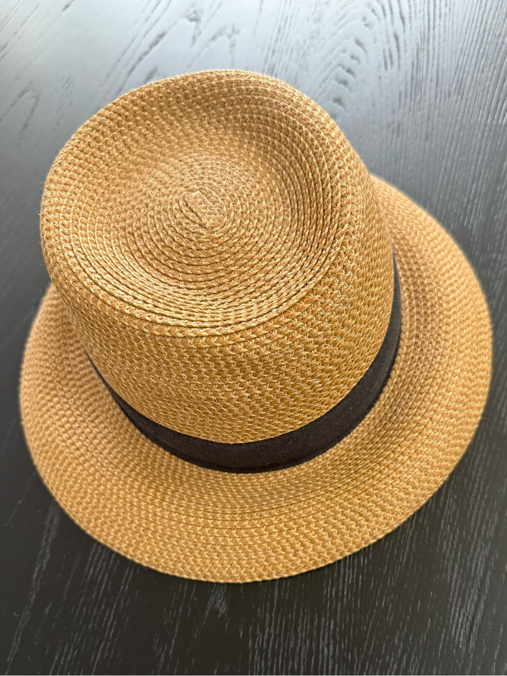 Eric Javits Tan Straw Fedora with Black Band and EJ Logo - Picture 2 of 5
